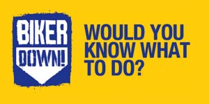 Logo for BikerDown, with the text 'Would you know what to do?' next to it, on a yellow background.