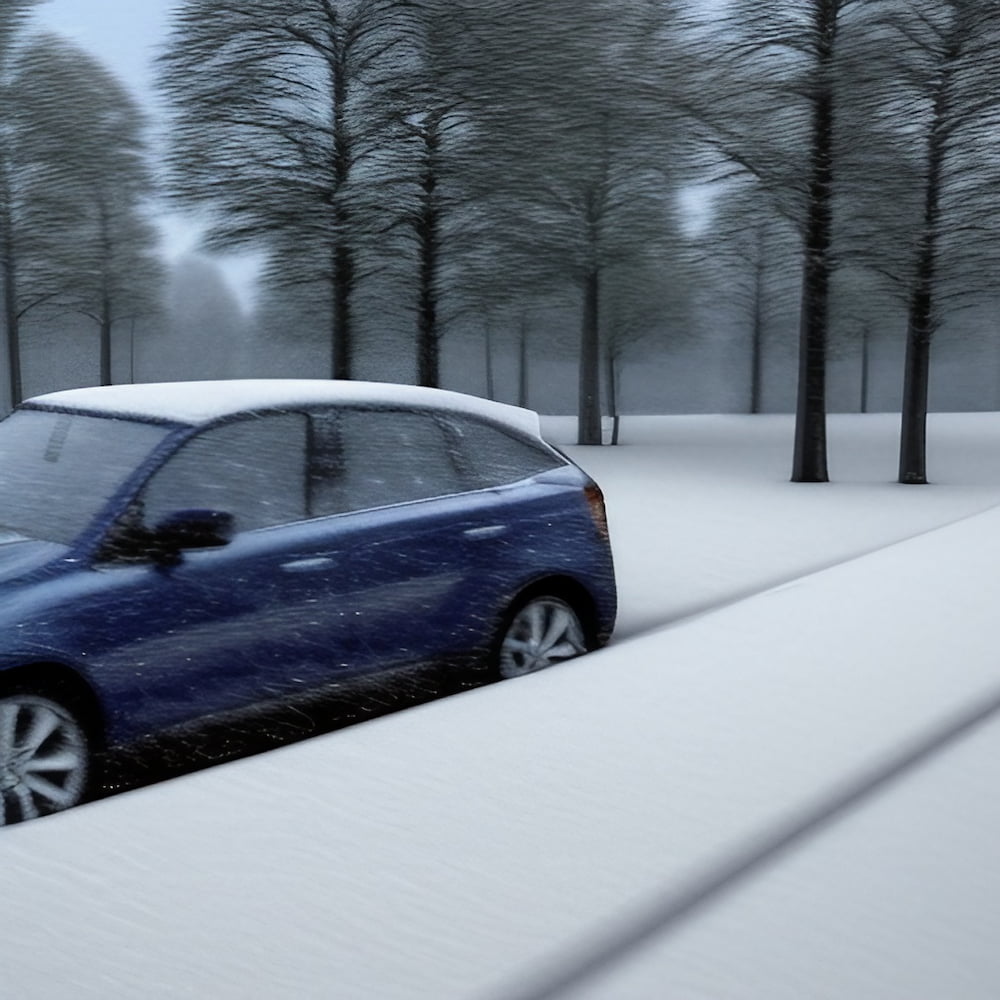 A car driving through snow with trees in the background