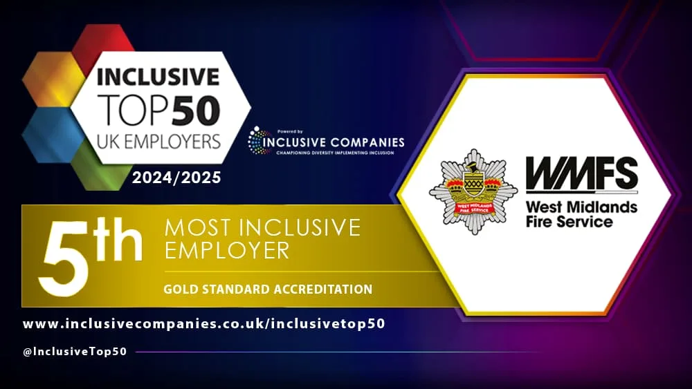 A graphic showing branding for Inclusive Top 50 UK Employers, with the West Midlands Fire Service logo and '5th place' in a gold banner