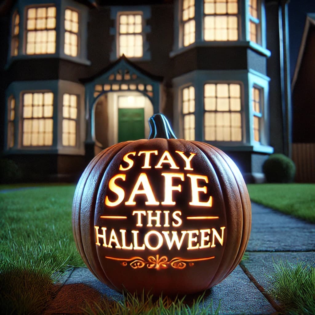 A generated image of a house, with a pumpkin on the path in front, with 'Stay safe this Halloween' carved into it.