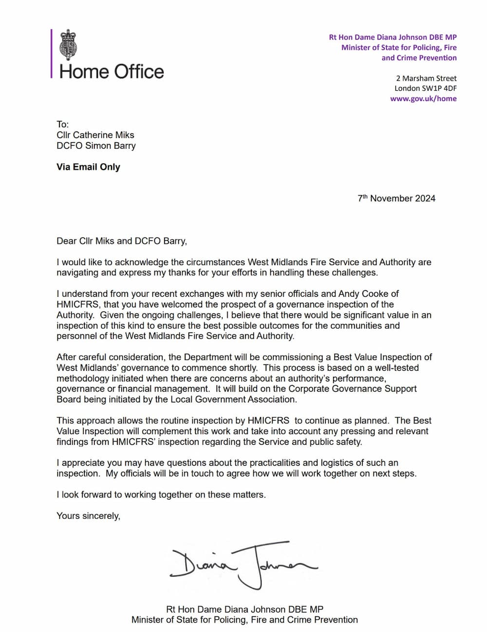 A Letter from Dame Diana Johnson to West Midlands FRA