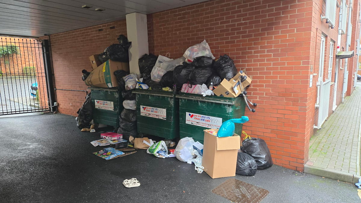 Overfilled waste bins with garbage bags and loose rubbish piled around them, located in a covered area beside a brick building.